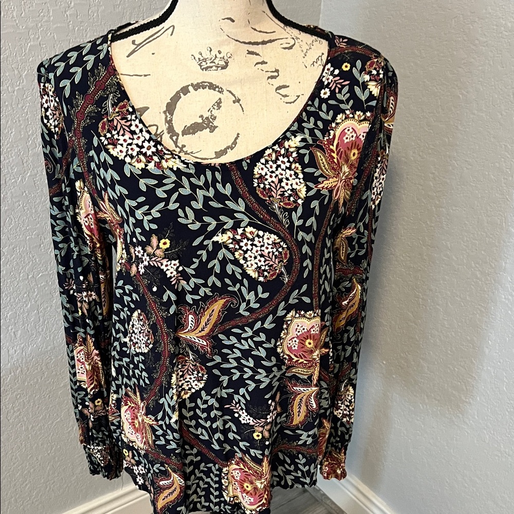 LOFT Black Floral Long Sleeve Blouse